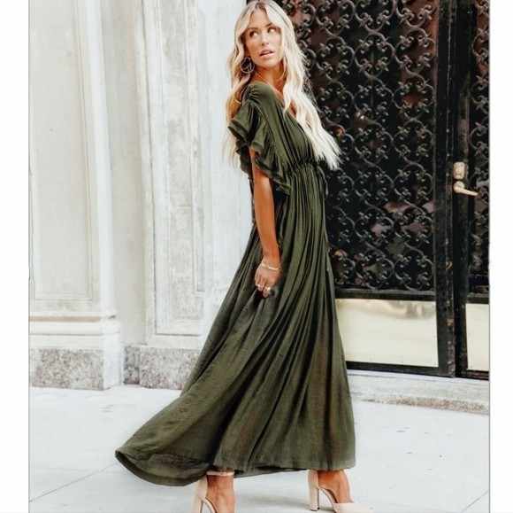 New Boho Flowy Gauze Cover Up Maxi Dress Button Front Muted Olive Green - Picture 2 of 12